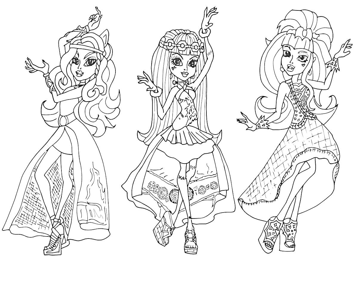 Раскраска Три девочки в стиле фэнтези с длинными волосами и платьями