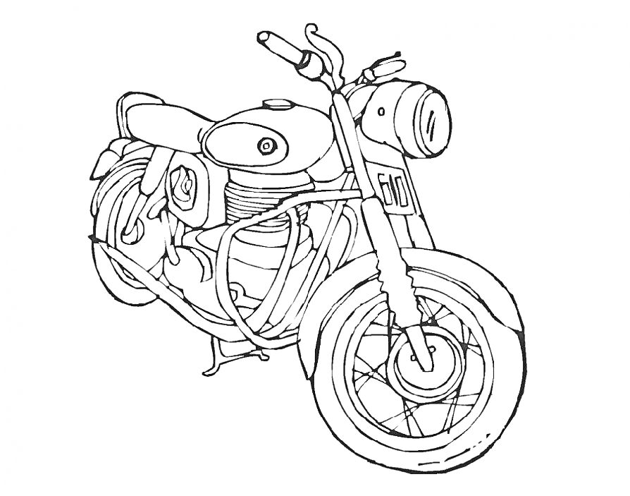 Мотоцикл с рулем, фарой, баком, сиденьем, глушителем и колесами