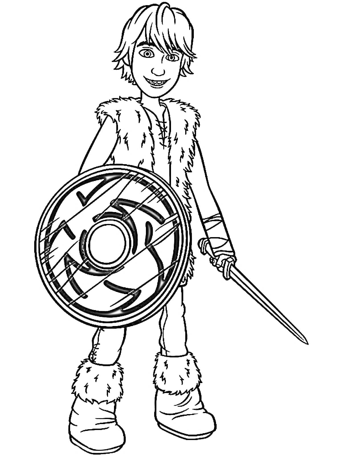 Мальчик с мечом и щитом в меховой одежде