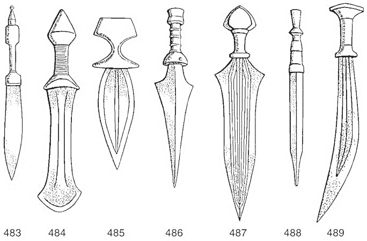 Раскраска Набор кинжалов из семи экземпляров: кинжал №483 с тонким клинком и узкой гардой, кинжал №484 с широким клинком и треугольной гардой, кинжал №485 с тройным клинком и рукоятью с узором, кинжал №486 с выгнутым клинком и закругленной гардой, кинжал №487 с дли