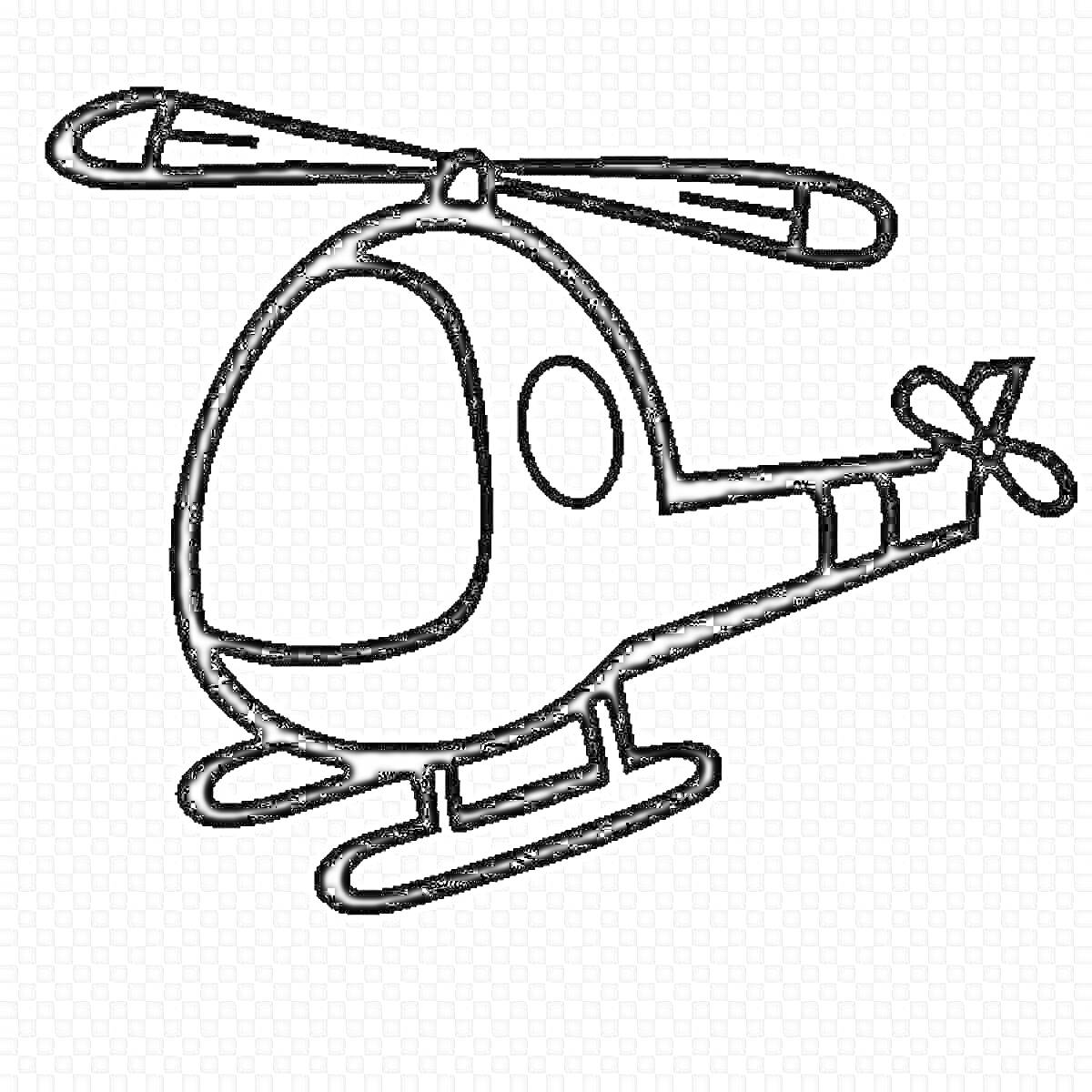 Раскраска Раскраска с изображением детского вертолета с двумя лопастями, хвостовым винтом и двумя посадочными полозьями.
