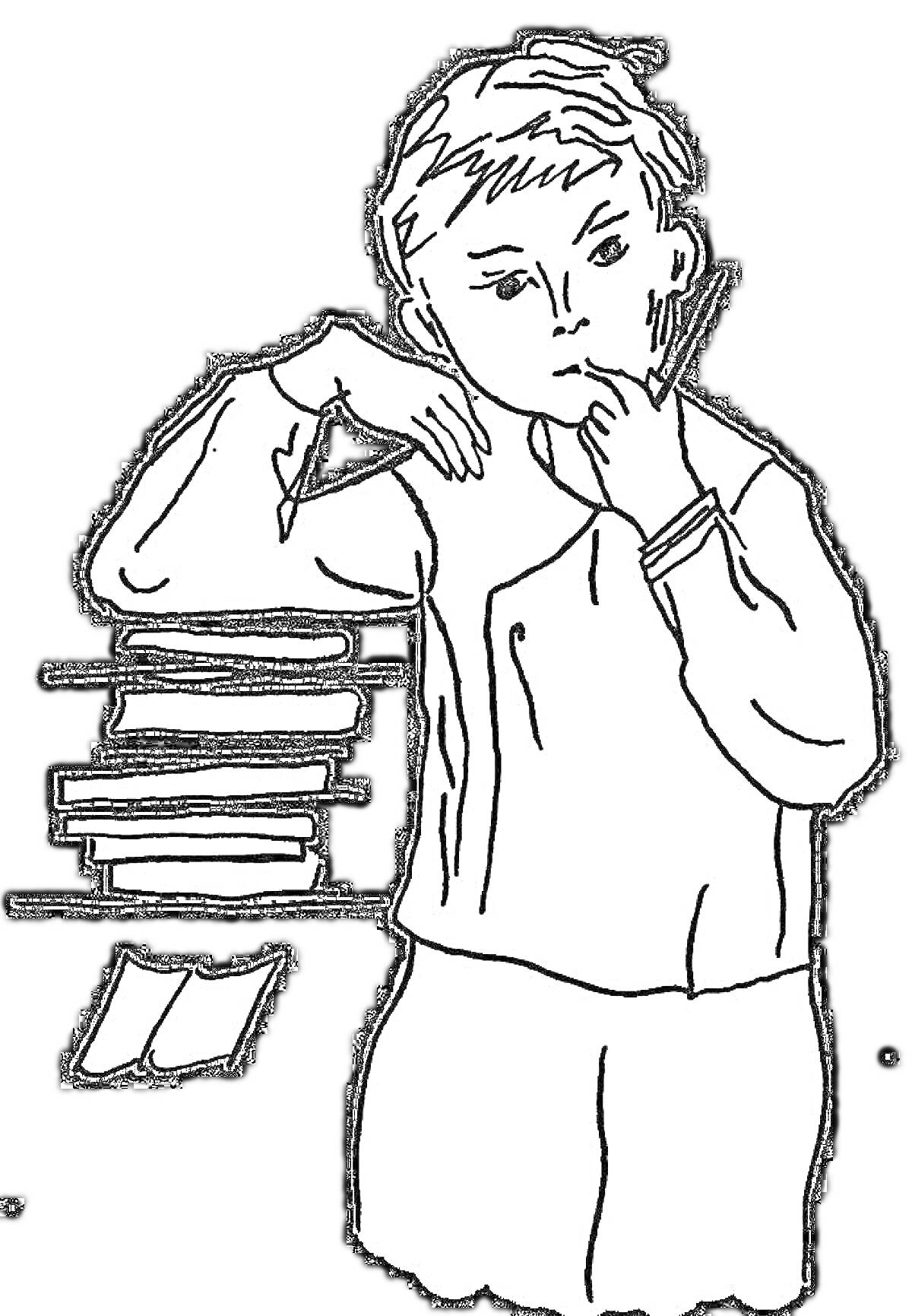 На раскраске изображено: Мальчик, Задумчивость, Лист бумаги, Чтение, Образование