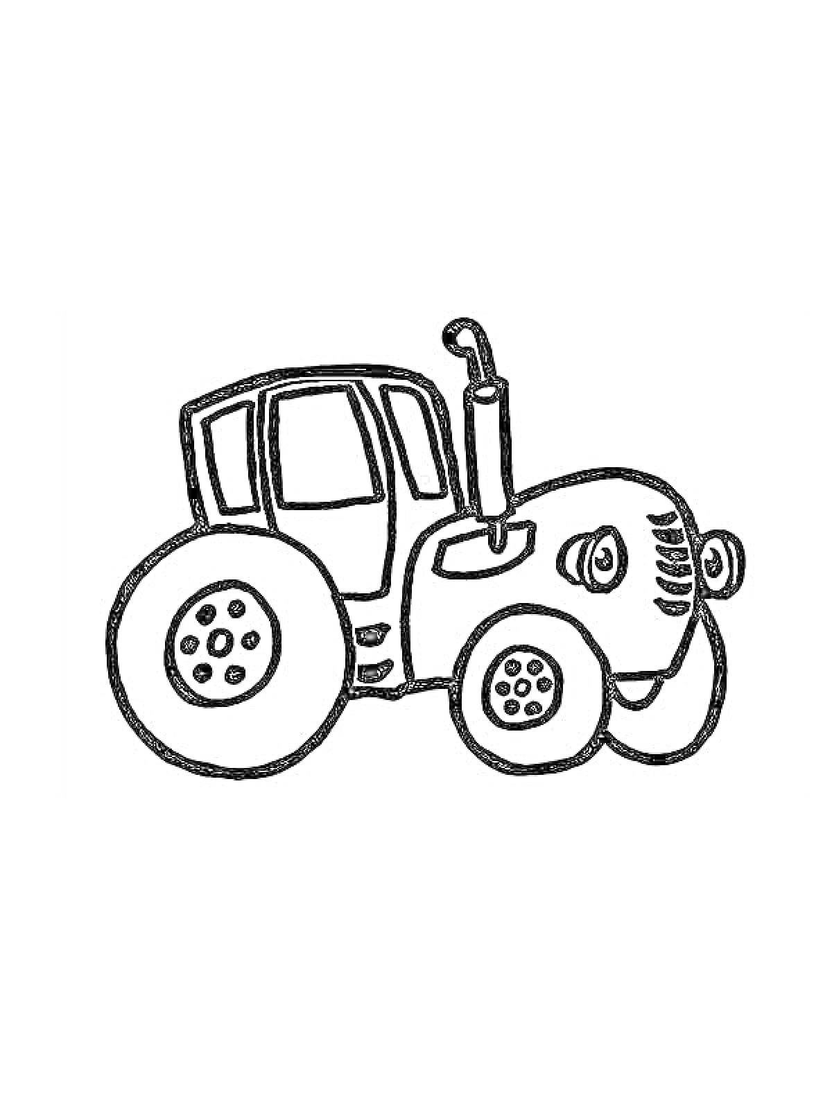 На раскраске изображено: Трактор, Транспорт, Синий трактор, Колёса, Интерьер