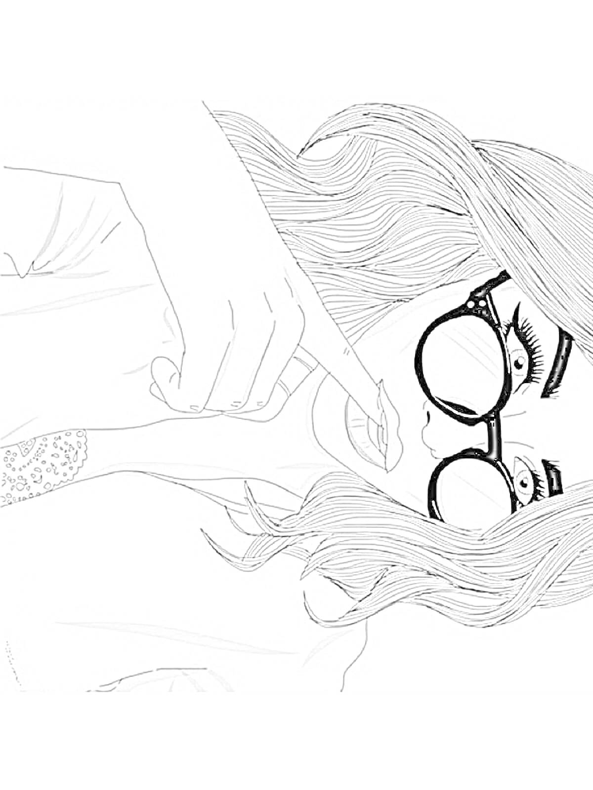Раскраска Девочка в очках с длинными волосами и модной прической, указывающая на губы пальцем