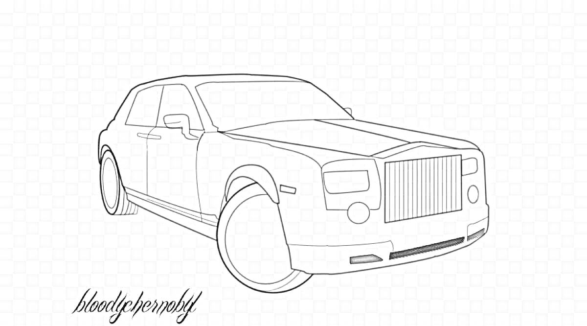 Раскраска Контурное изображение автомобиля Rolls-Royce со сложенными линиями и логотипом 