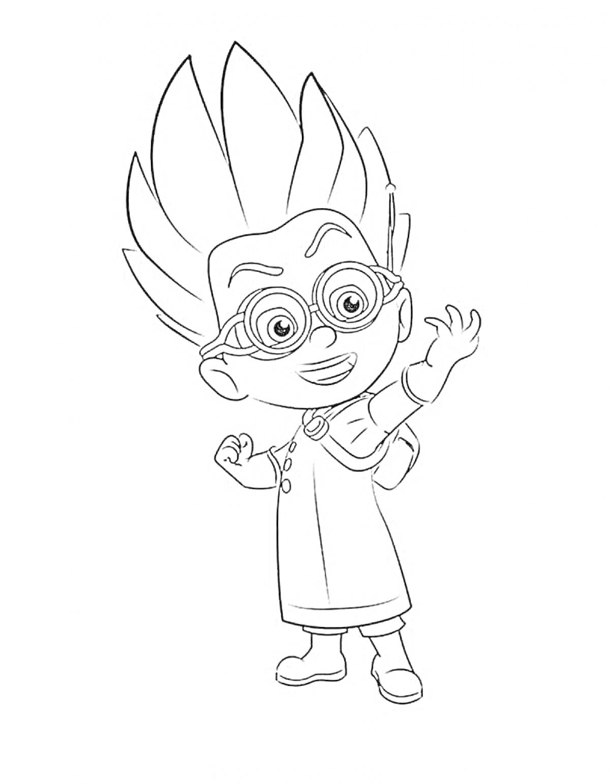 Раскраска Мальчик в очках с зачесанными вверх волосами, в халате и ботинках, вытянувший одну руку вперед