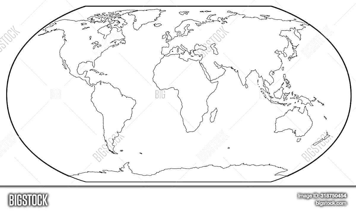 Раскраска Карта мира с контурными очертаниями континентов и океанов