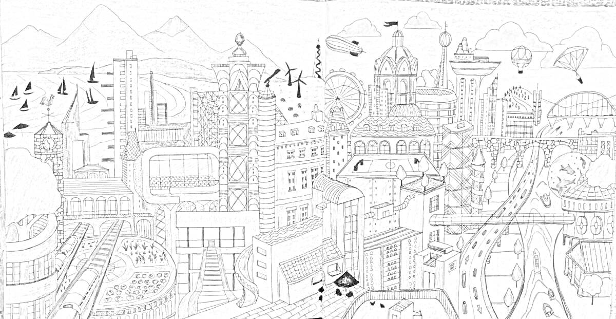 Раскраска Город будущего: небоскрёбы, дороги, монорельс, дирижабли, самолёты, воздушные шары, мосты, роботы, водоёмы, вулканы, деревья, птицы