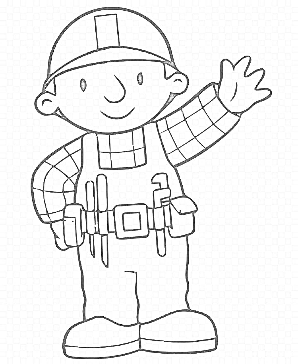 строитель в каске с набором инструментов (мальчик в каске, рубашке в клетку, комбинезоне с ремнем для инструментов, держащий руку вверх)