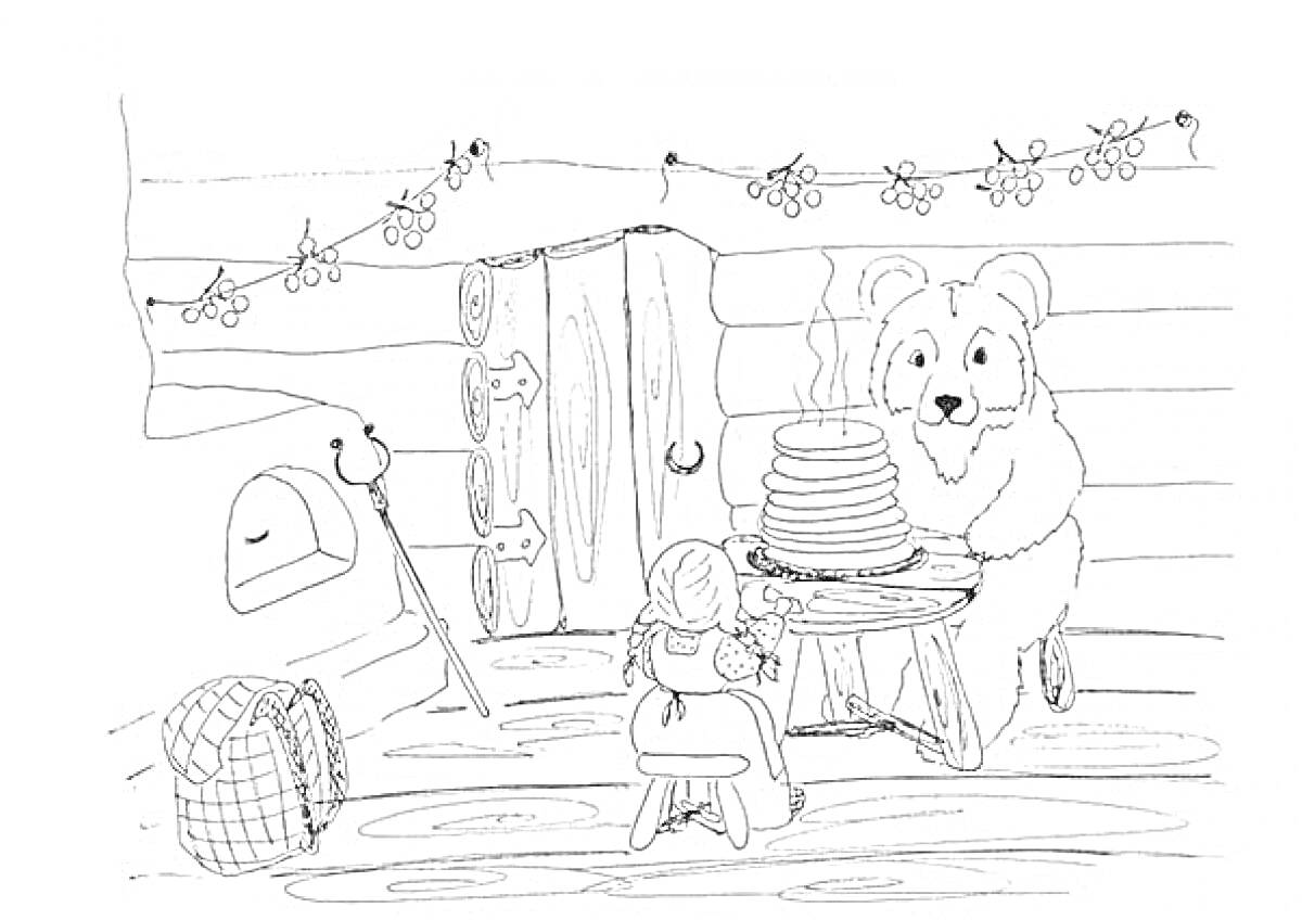 Раскраска Мишка и девочка на Масленицу в деревенском доме (мишка с блинами, печь, девочка за столом, гирлянда у окошка)