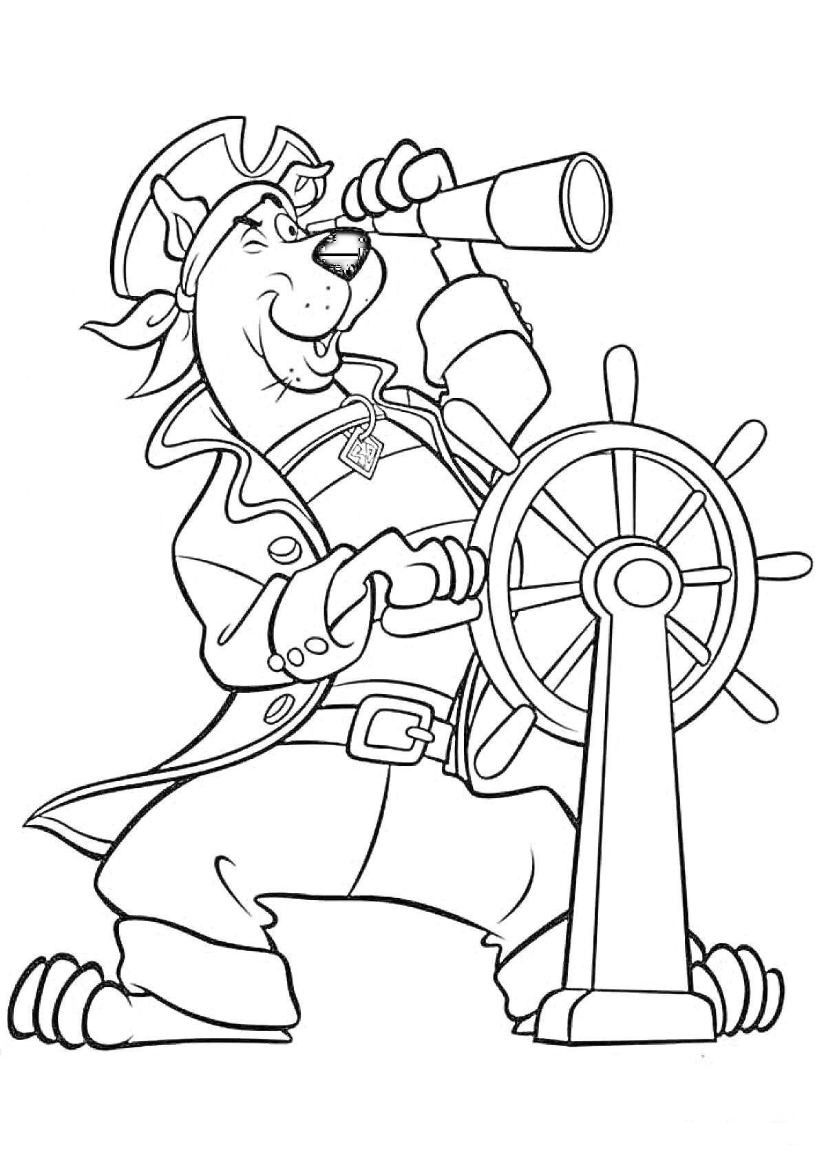 Раскраска Скуби Ду в пиратском костюме с подзорной трубой у штурвала