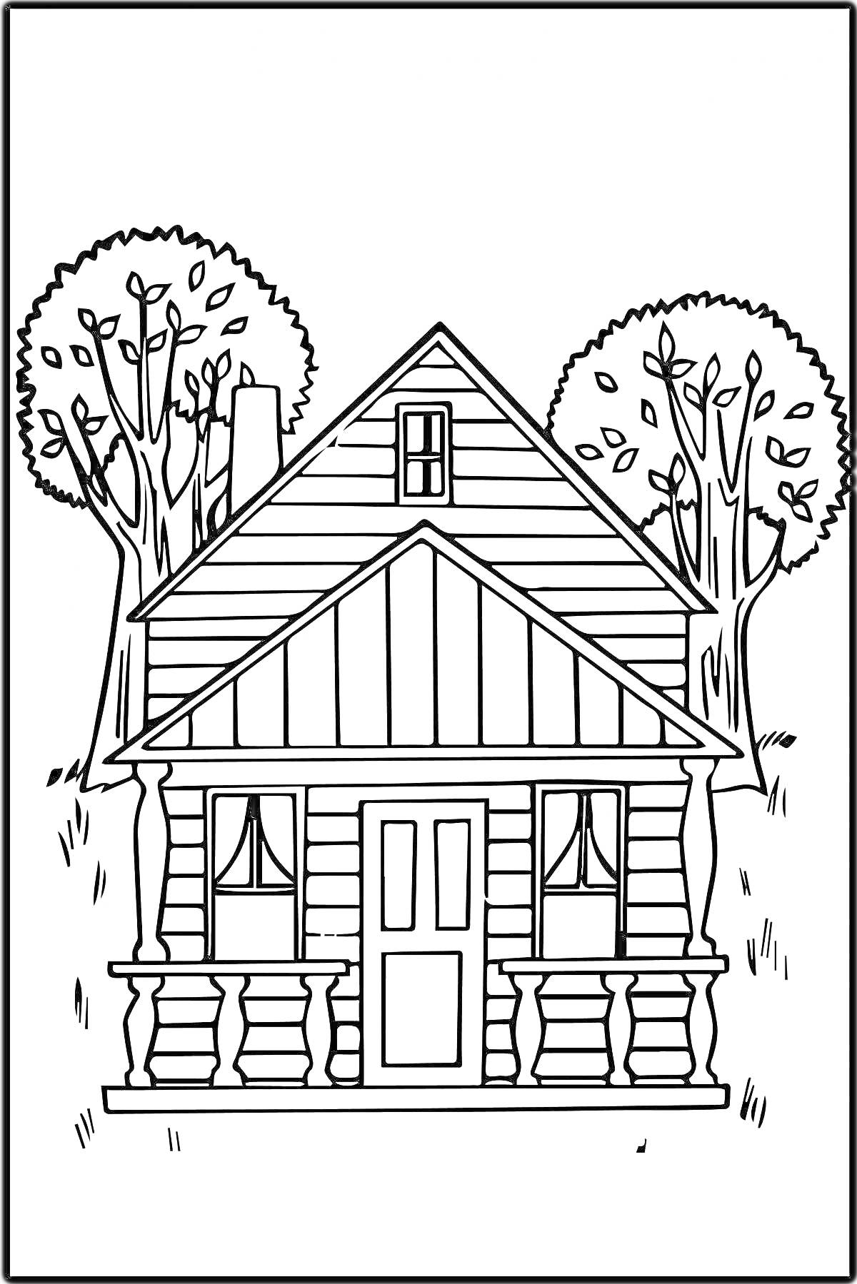Раскраска Деревенский дом с крыльцом и окнами, обрамленный двумя деревьями