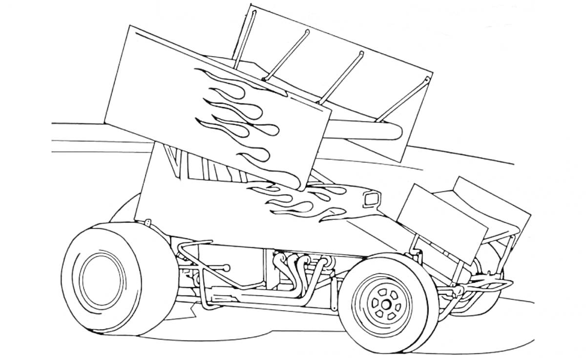 Раскраска Гоночный автомобиль с крыльями и огненным рисунком на боковой стороне