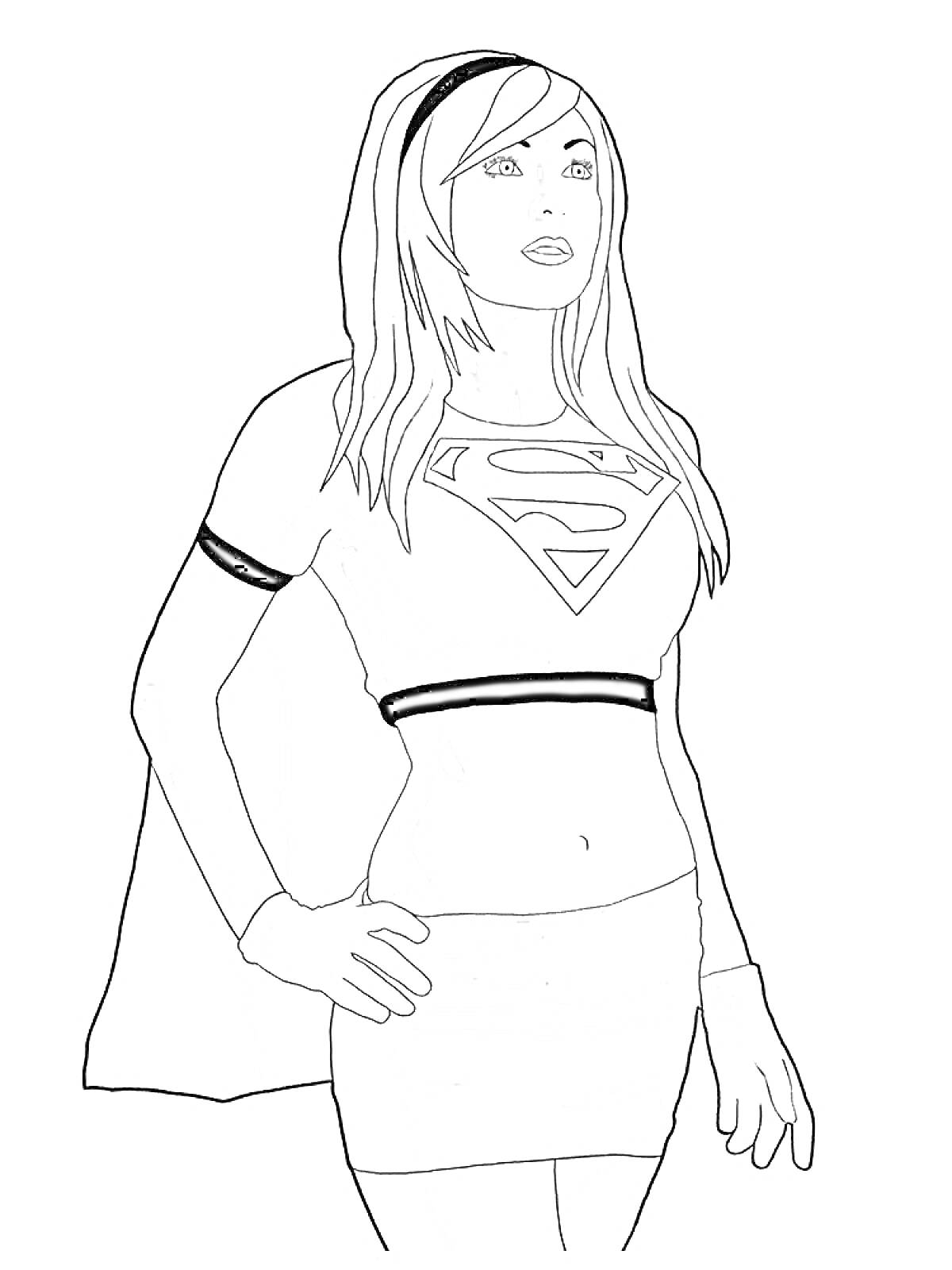 Раскраска Супергерл в костюме с плащом и логотипом на груди