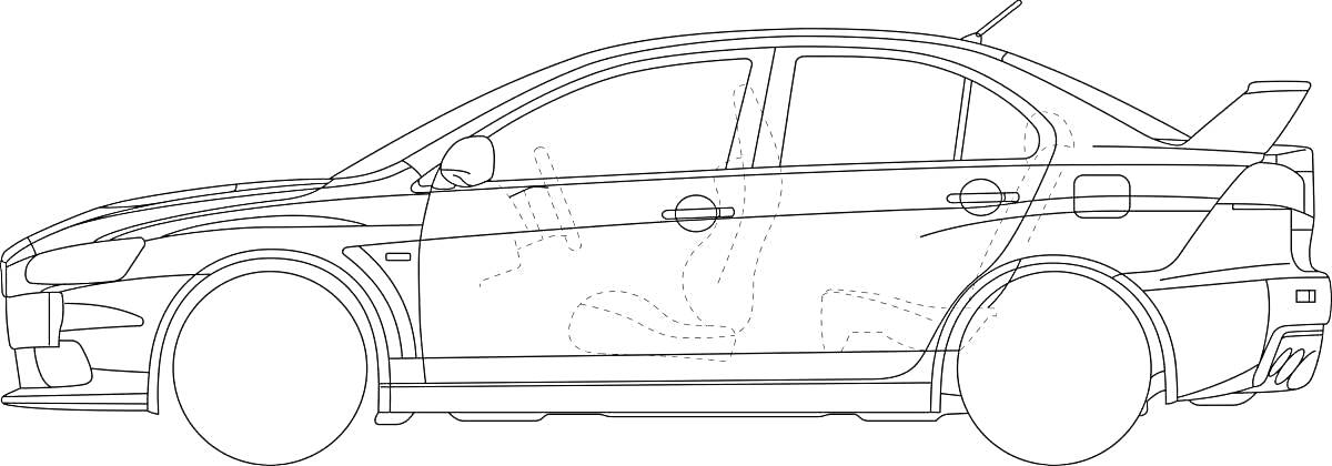 Раскраска Линия контура автомобиля Mitsubishi Lancer с дверьми, колёсами, боковыми зеркалами и антикрылом