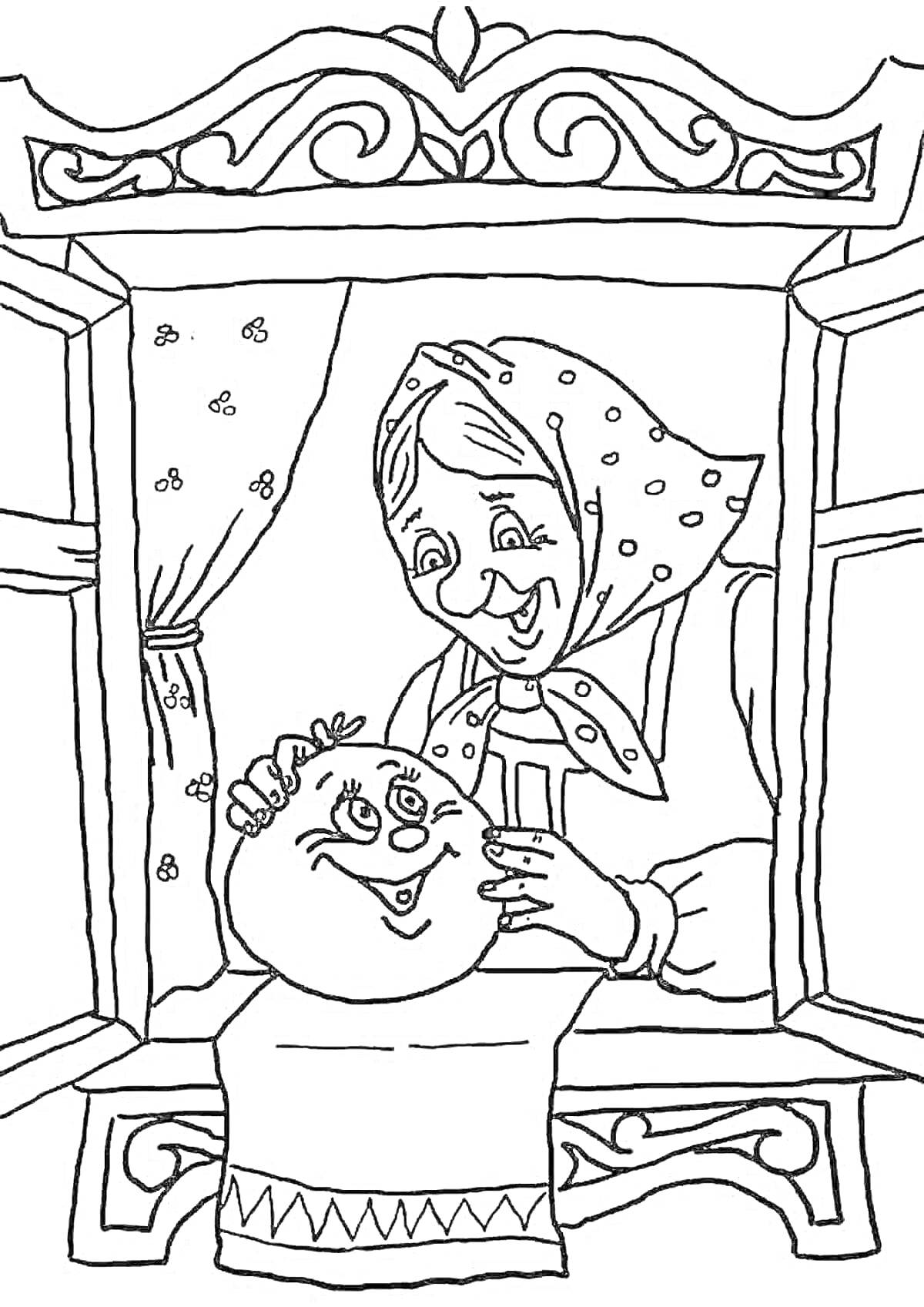 На раскраске изображено: Колобок, Бабушка, Дом, Из сказок, Окна, Детские, Контурные рисунки