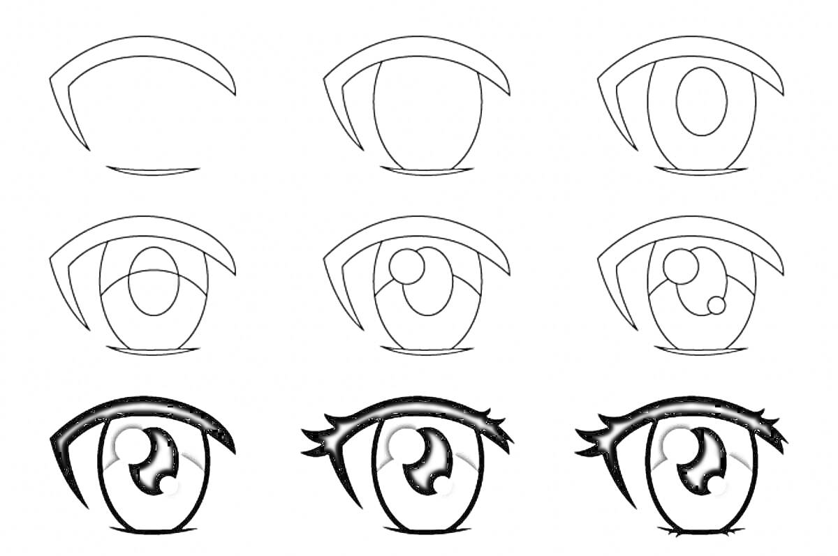 На раскраске изображено: Гача, Глаза, Пошаговая инструкция, Радужка, Зрачок, Ресницы