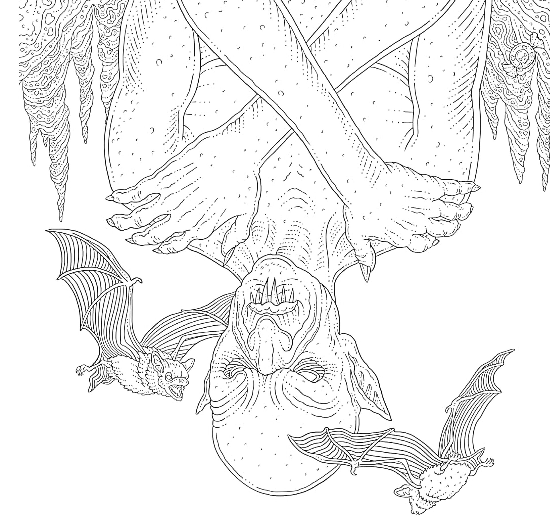 Раскраска Вампир, висящий вверх ногами с руками, скрещенными на груди, окруженный двумя летучими мышами, сталактитами и сталагмитами