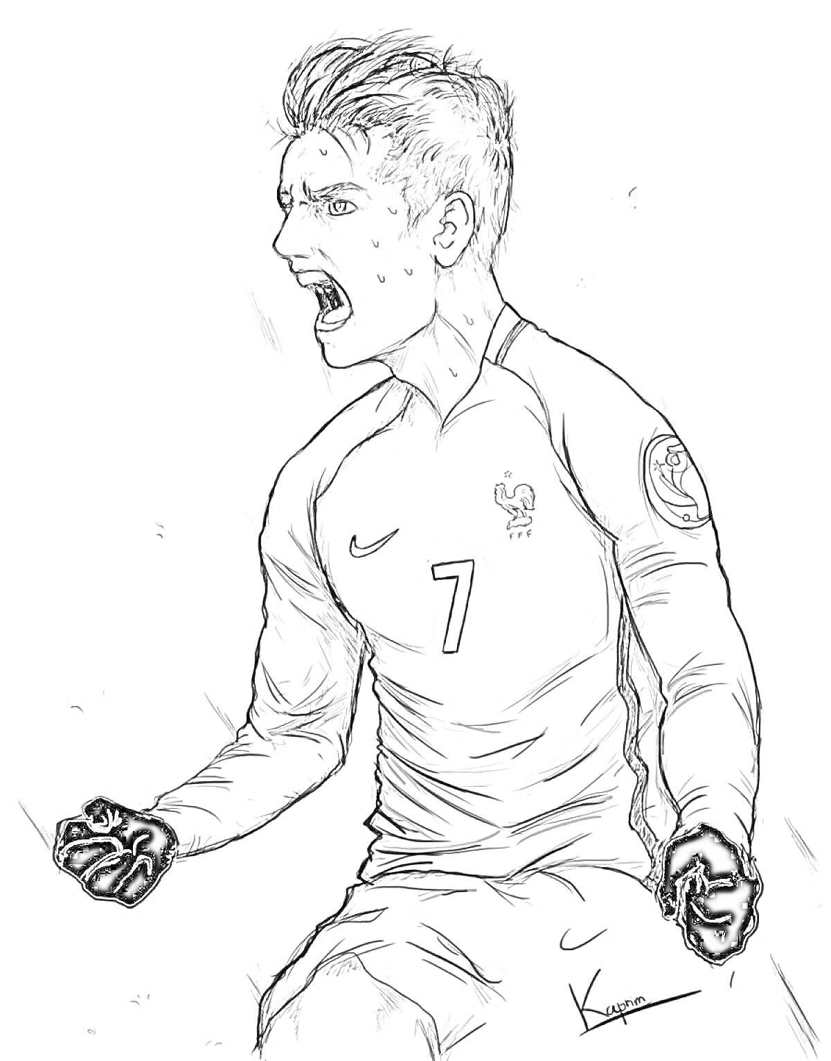 Футболист, кричащий от радости, в форме сборной Франции с номером 7 на груди, с сжатыми кулаками и в черных перчатках