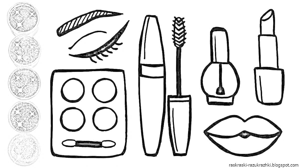 Раскраска Набор косметики: палетка теней, блестки, карандаш для бровей, тушь для ресниц, лаки для ногтей, губная помада, глаза, губы