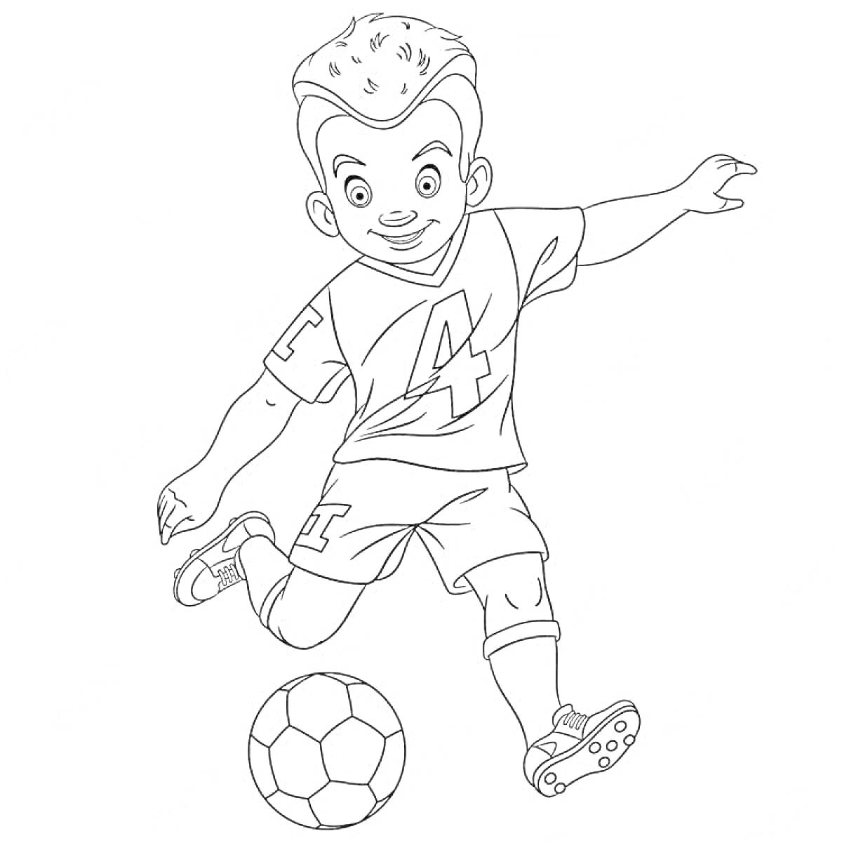 На раскраске изображено: Футболист, Мальчик, Номер 4, Футбольный мяч, Спорт, Детский спорт