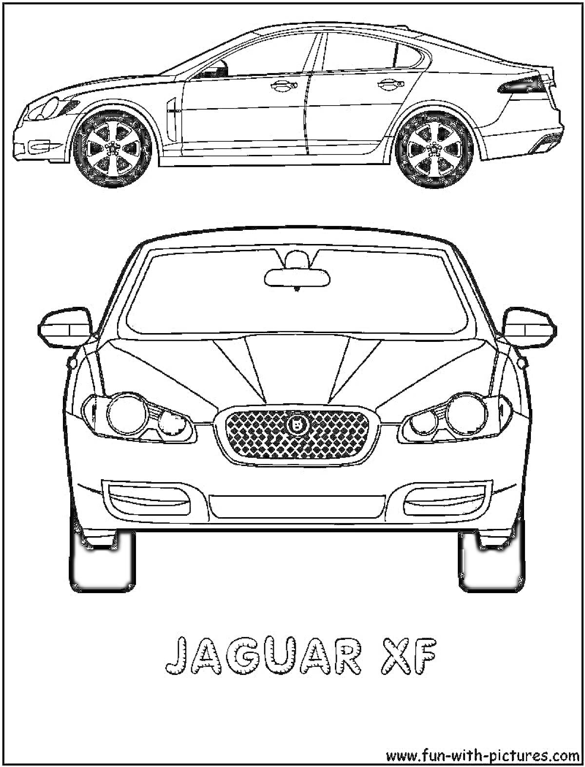 Раскраска автомобиль Jaguar XF с видом сбоку и спереди