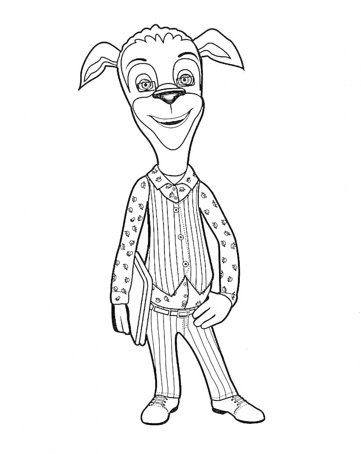 Раскраска Барбоскины - персонаж в рубашке с узором, жилете в полоску и брюках с рисунком, с книгой в руке