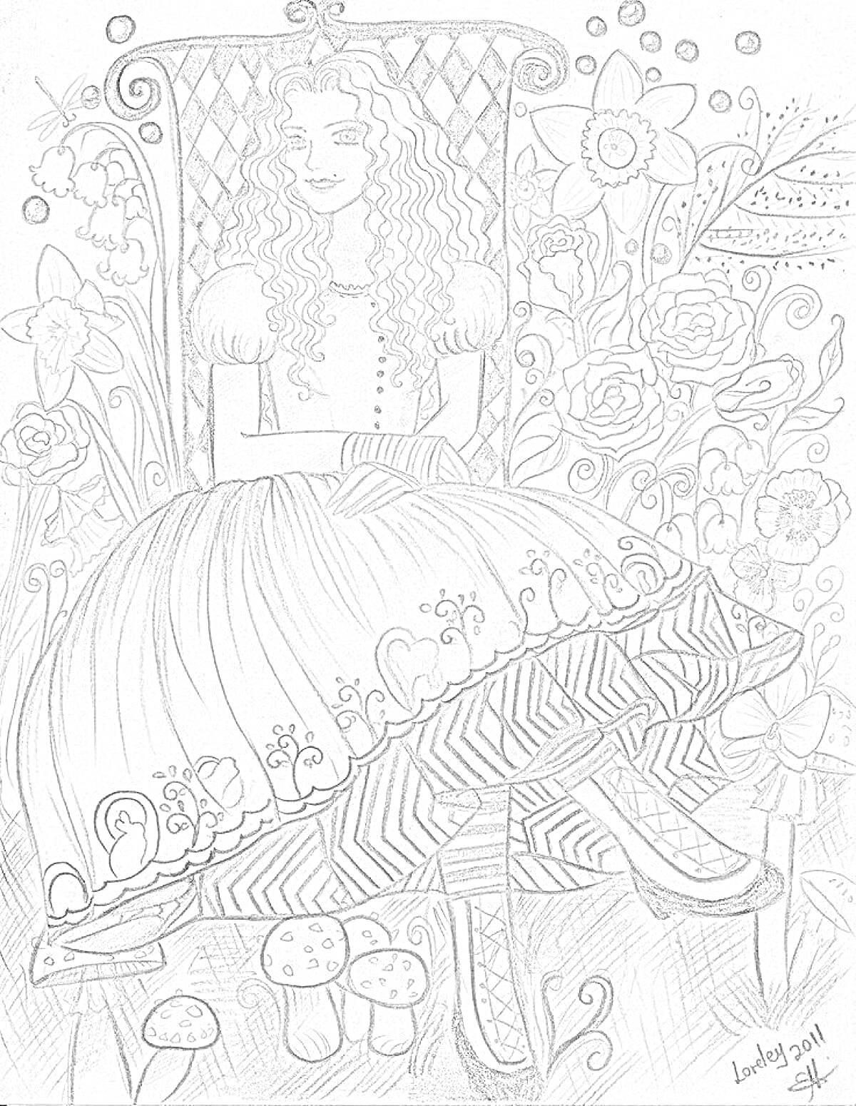 На раскраске изображено: Алиса, Кресло, Цветы, Грибы, Природа, Растительность, Платье