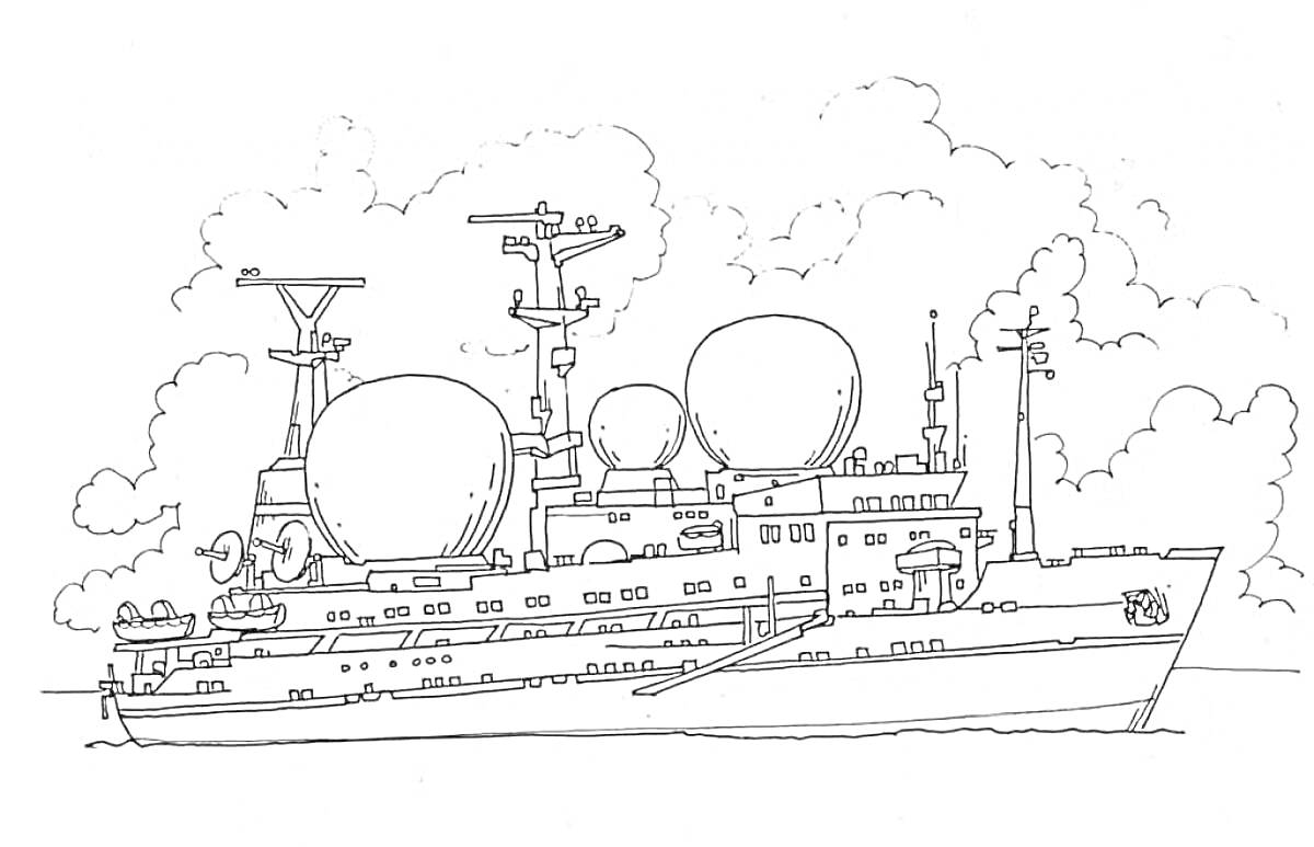 Раскраска Военный корабль с радиолокационными антеннами на фоне облаков