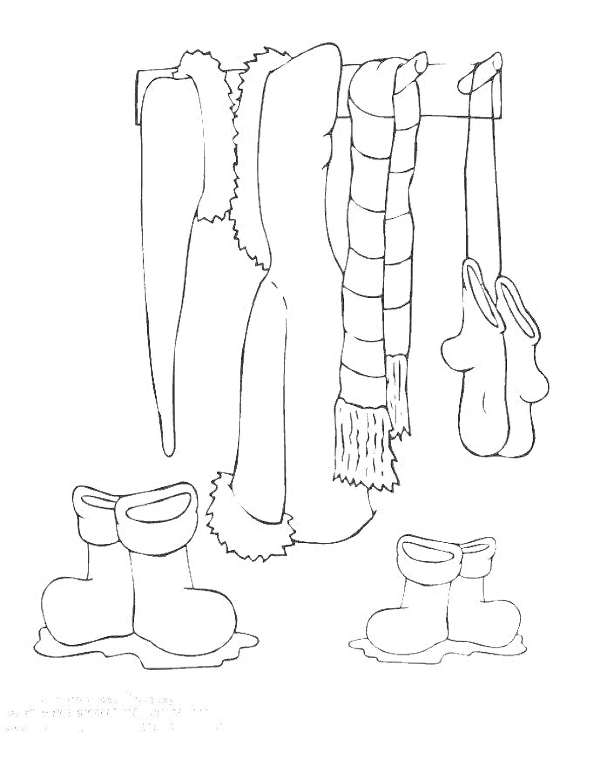 Раскраска Пальто, шарф, рукавицы и сапоги на вешалке
