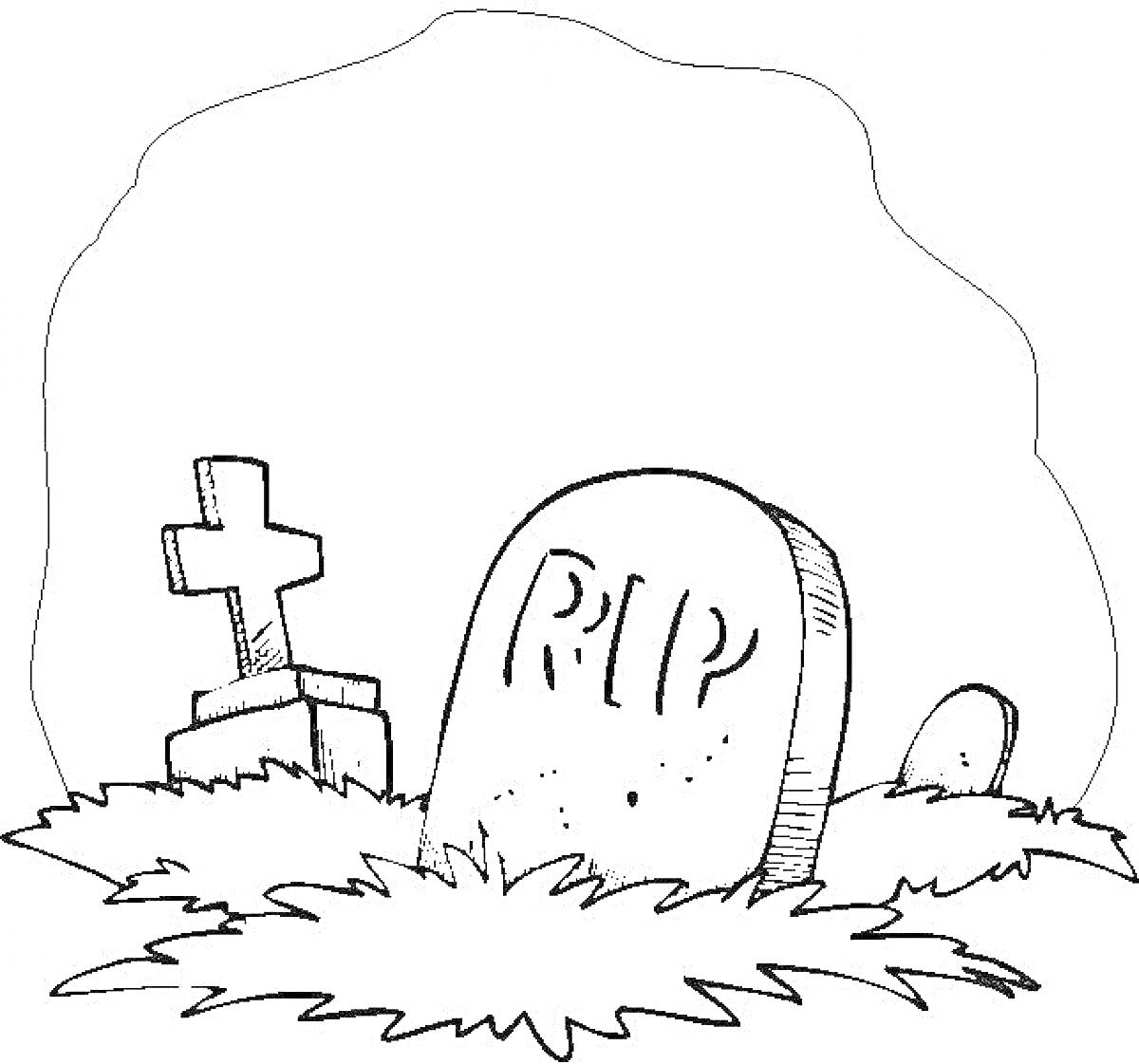 Раскраска Могила с надгробиями и крестом, заросшая травой