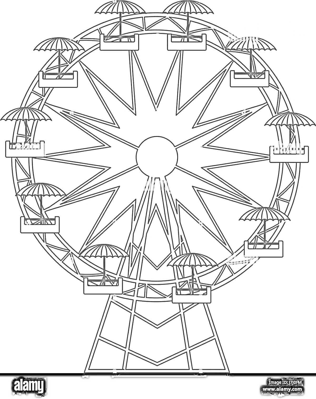 Раскраска Колесо обозрения с кабинами и зонтиками