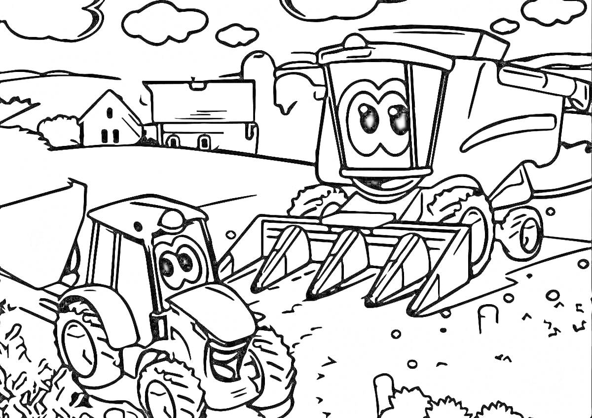 Раскраска Два улыбающихся трактора на ферме с комбайном, домами и деревьями на заднем плане