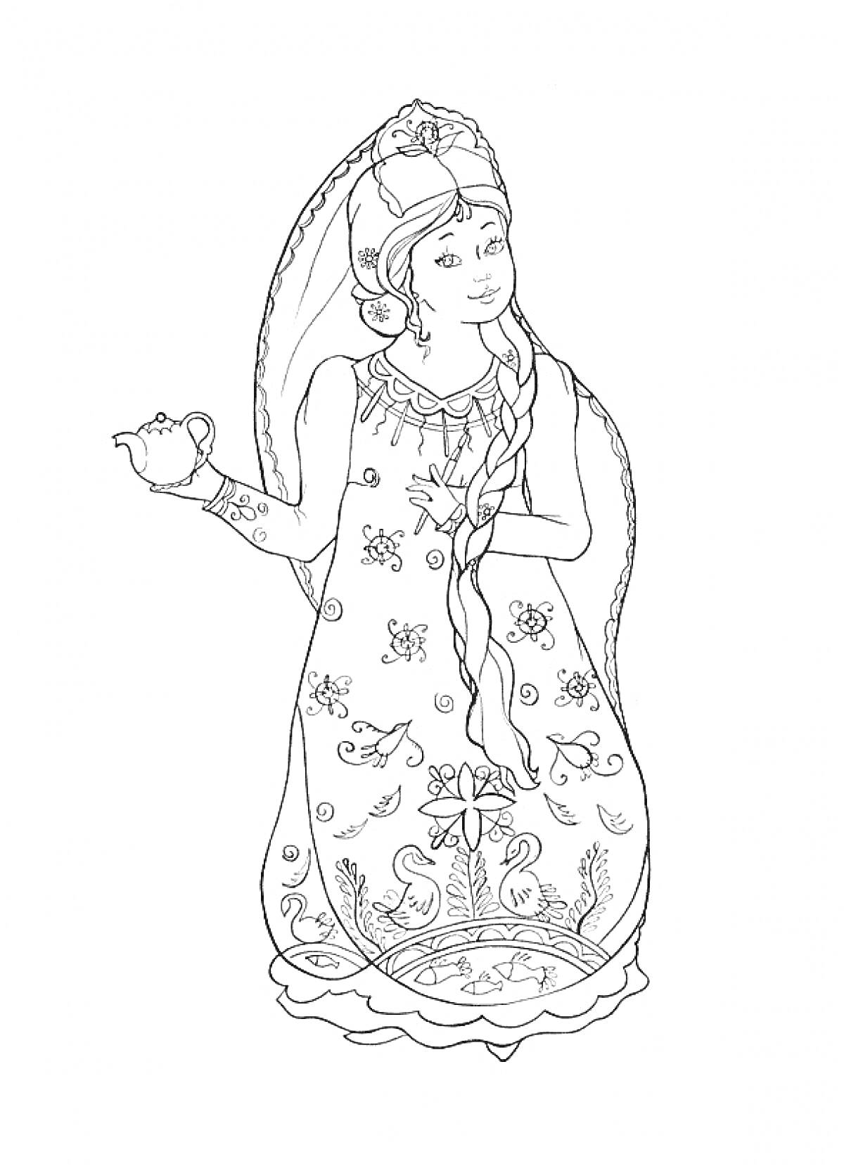 Девушка в традиционном платье с чашкой в руке