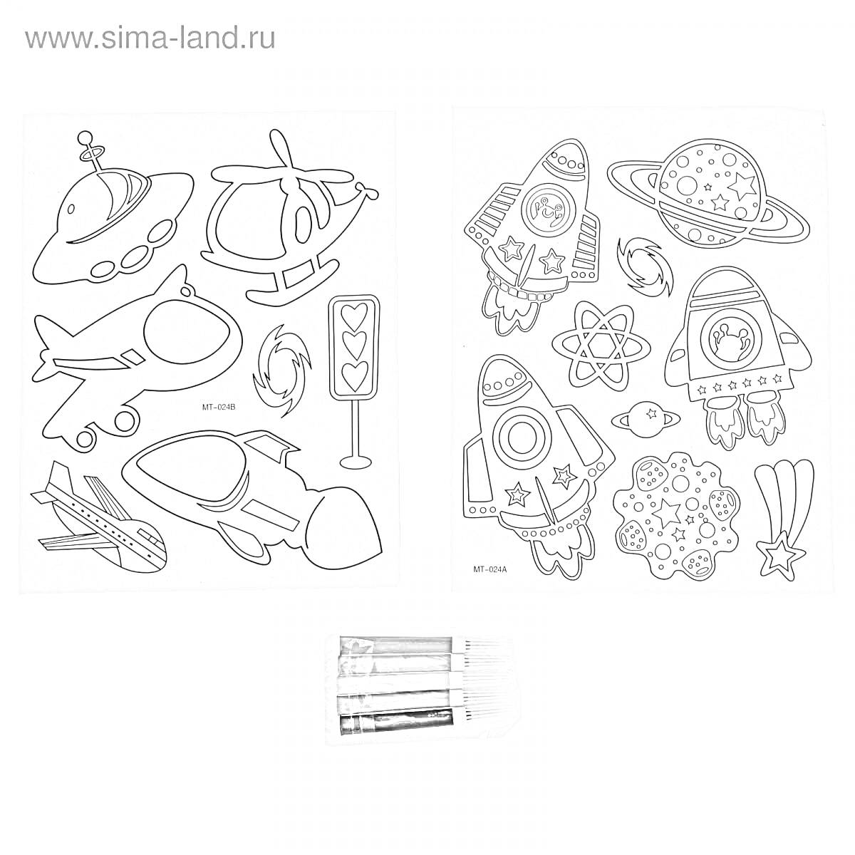 На раскраске изображено: Наклейки, Ракета, НЛО, Вертолет, Астронавт, Молекула, Комета, Детское творчество, Космос