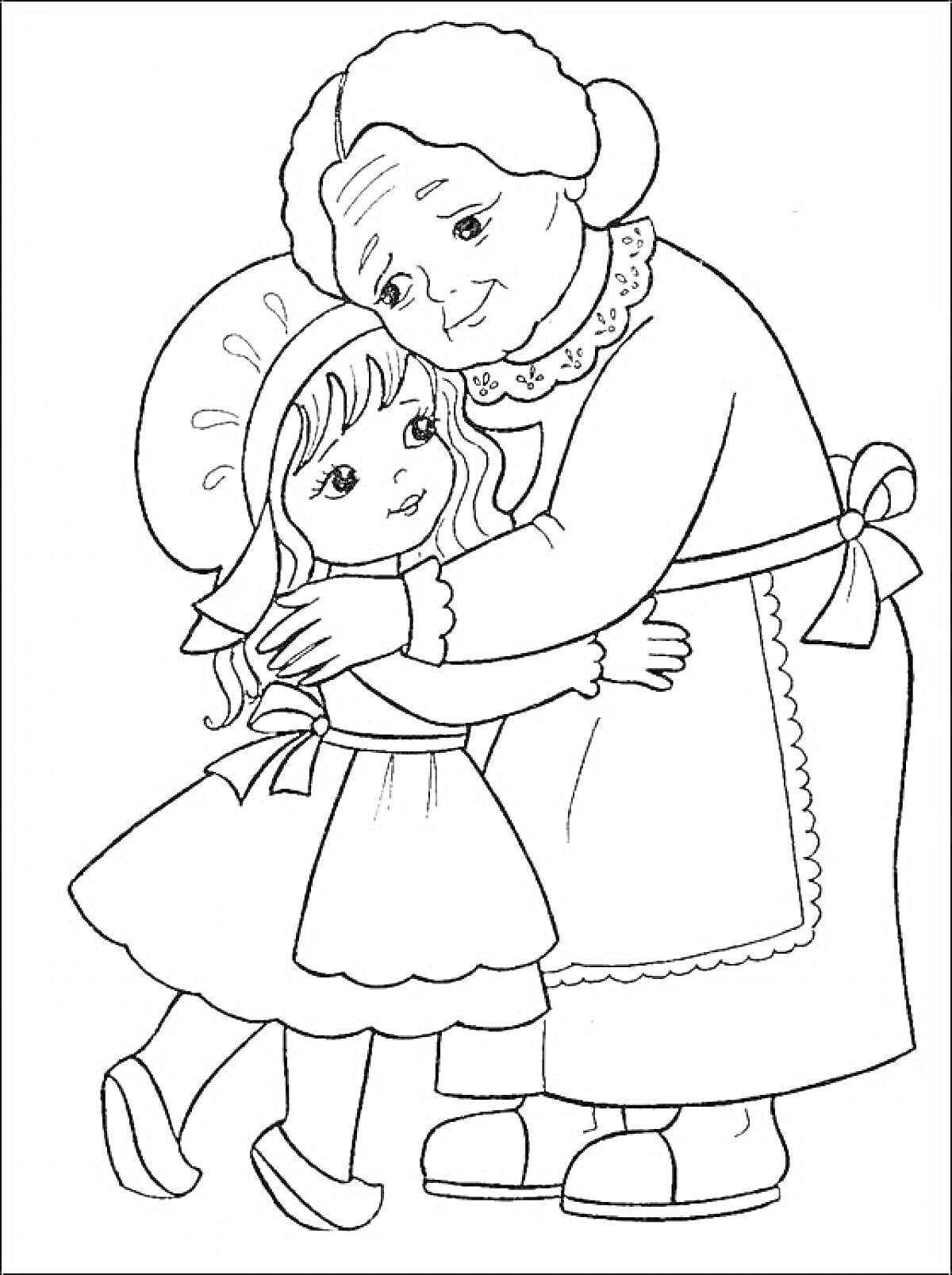 Раскраска Бабушка обнимает девочку в шляпке