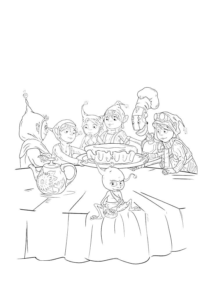 Раскраска Джинглики за столом с тортом и чайником; на переднем плане один Джинглик с яблоком.