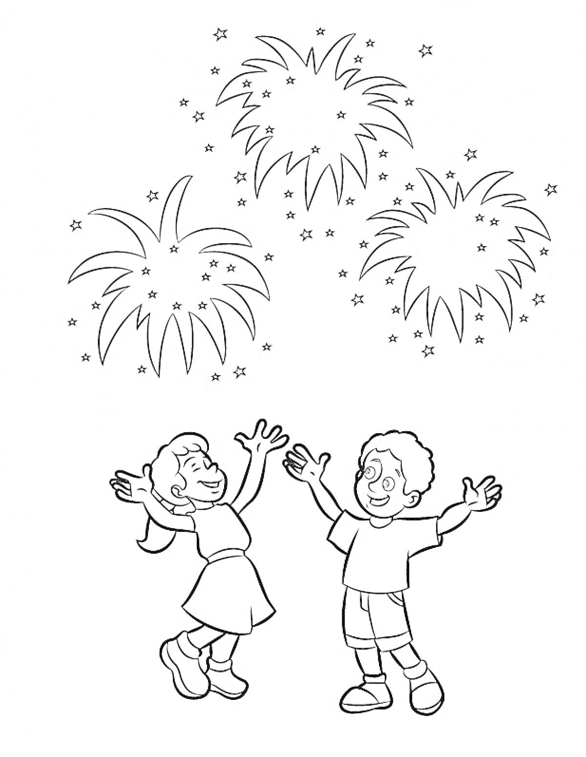 Раскраска Дети, радующиеся салюту: мальчик и девочка, фейерверки и звезды