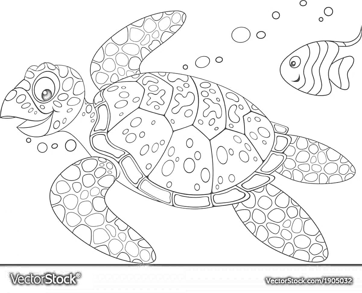 На раскраске изображено: Черепаха, Морская черепаха, Морская жизнь, Рыба, Пузыри, Подводный мир, Животные