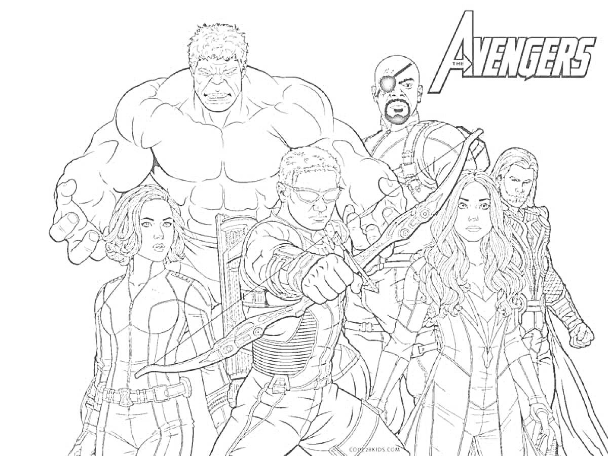 На раскраске изображено: Мстители, Супергерои, Лучник, Боевые костюмы, Длинные волосы
