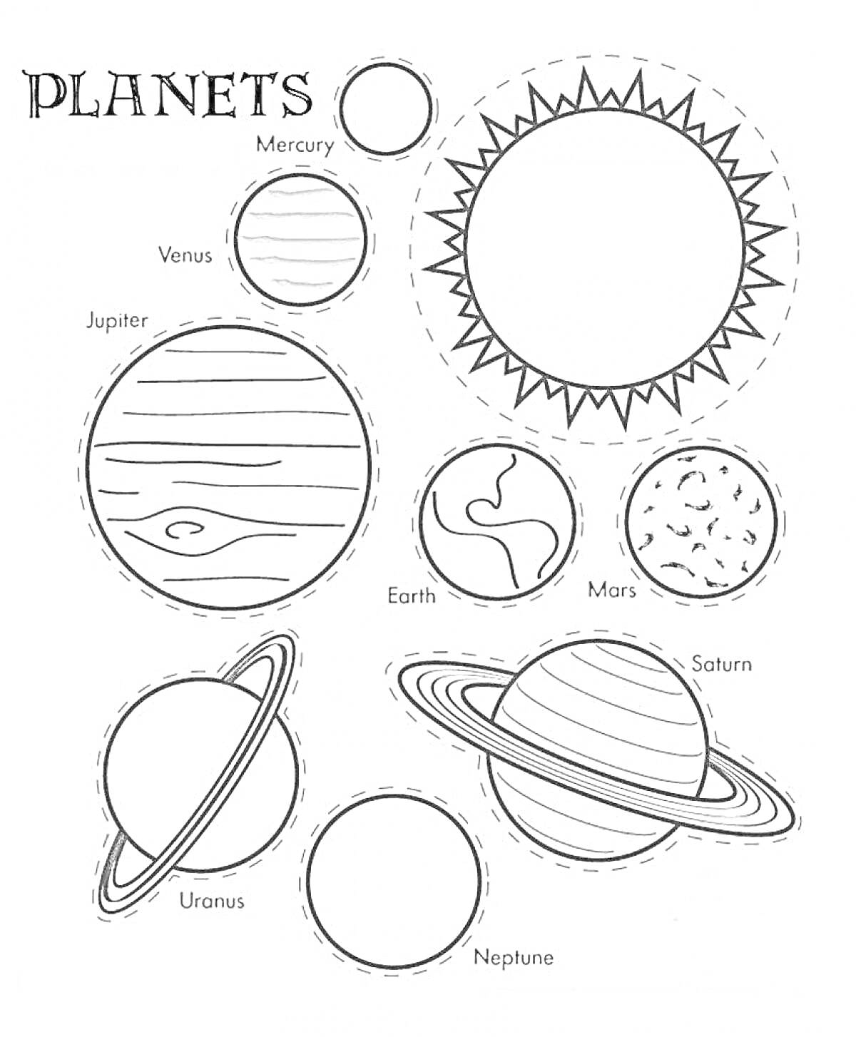 На раскраске изображено: Планеты, Солнечная система, Солнце, Меркурий, Венера, Земля, Марс, Юпитер, Сатурн, Уран, Нептун, Космос