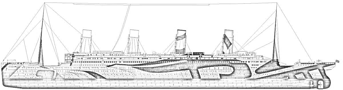 Раскраска Корабль Карпатия с двумя трубами, с вымпелами, оснащенный четырьмя мачтами и замысловато окрашенный на черно-белом фоне.