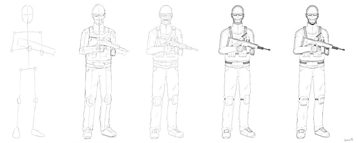 Солдат отряда призрак с винтовкой в шлеме и тактической экипировке, стадии создания рисунка