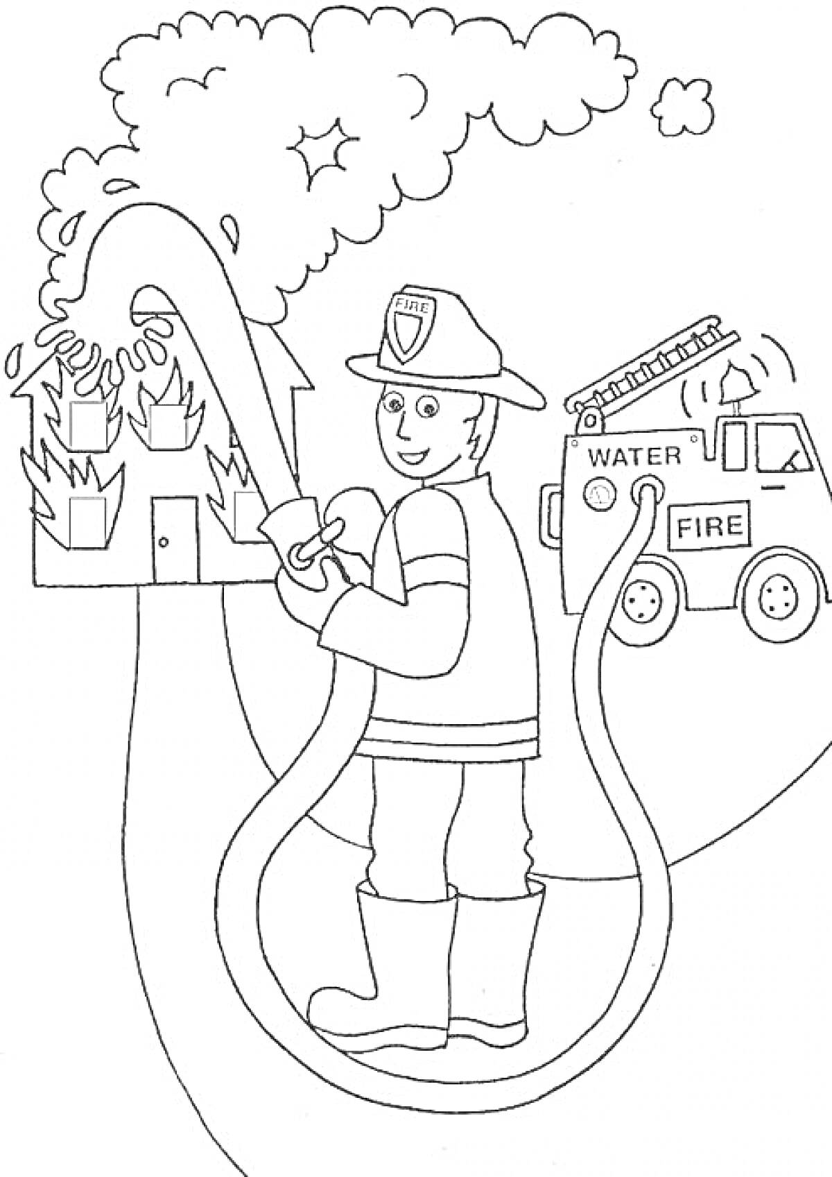 На раскраске изображено: Дом, Огонь, Дым, Шланг, Пожарная машина, Вода, Безопасность, Пожарные, Шлемы