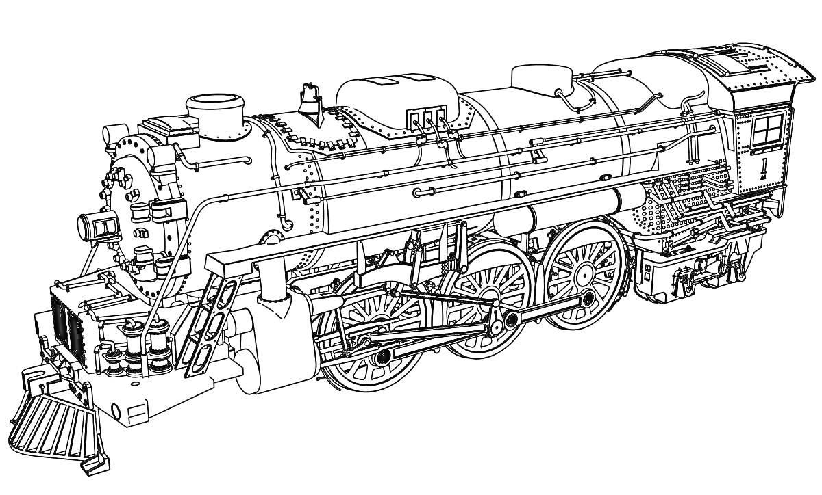 Раскраска Чугуночный локомотив с деталями двигателя, колесами и кабиной машиниста