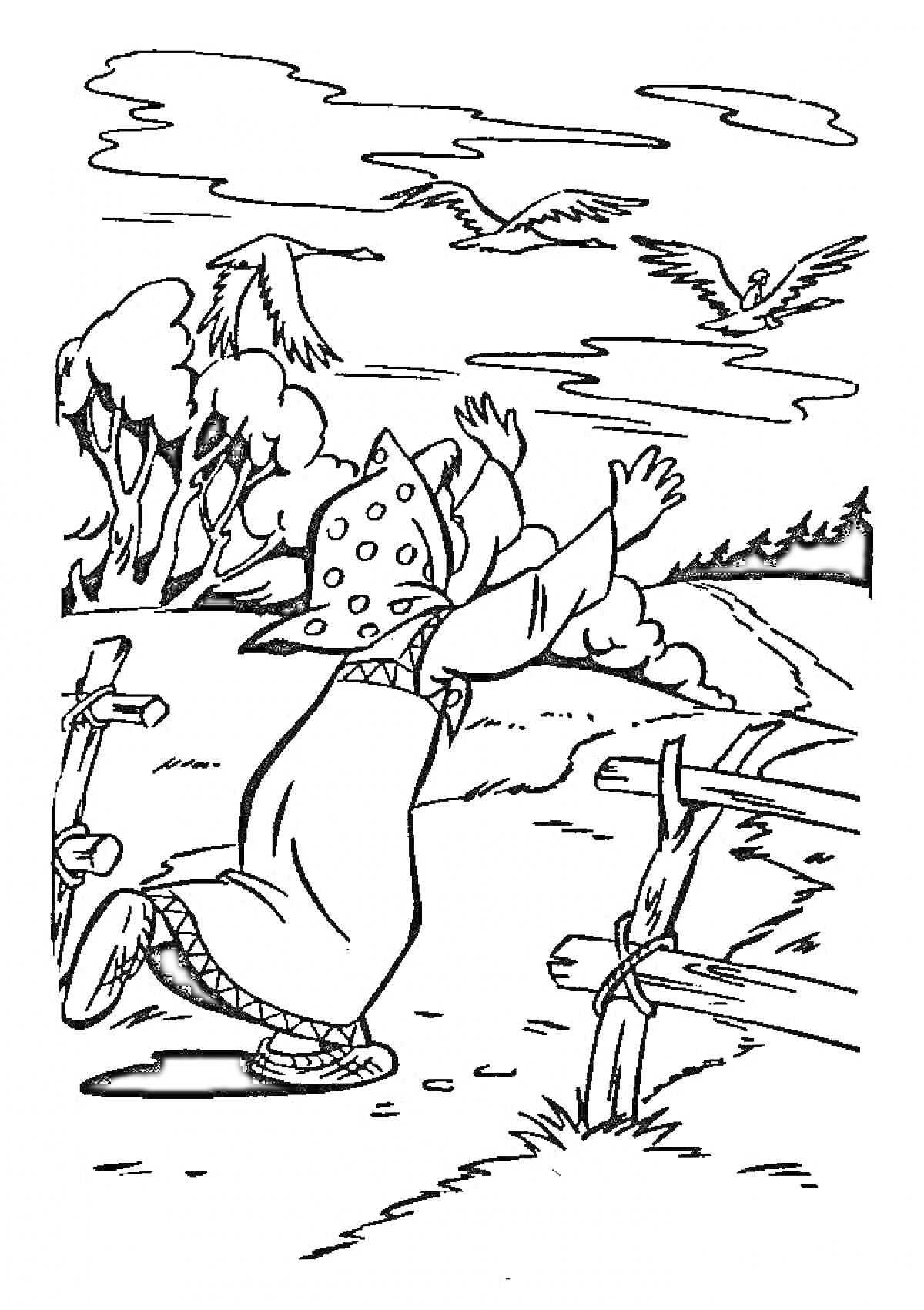 Раскраска Девочка машет вслед улетающим гусям-летебедям, рядом деревянный забор, деревья и облака на фоне