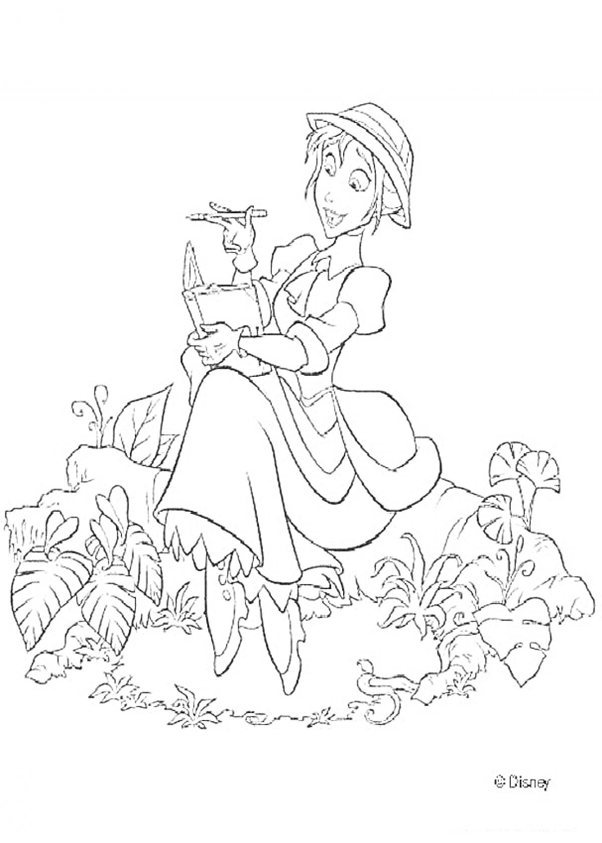 Раскраска Женщина в шляпе, держащая предметы в руке и сидящая на камне среди растительности