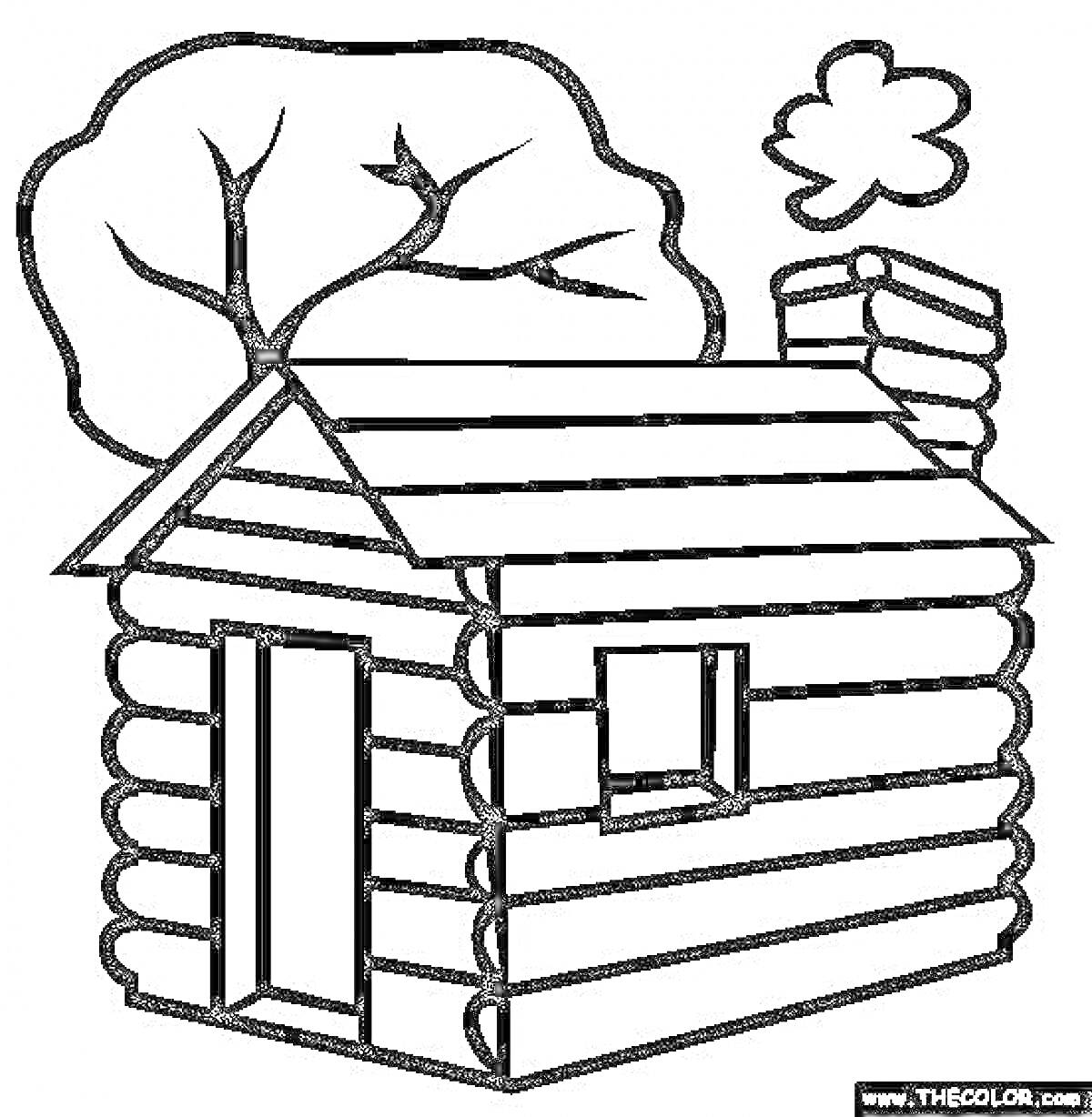 На раскраске изображено: Деревянный дом, Труба, Бревенчатый дом, Дым, Окна, Деревья
