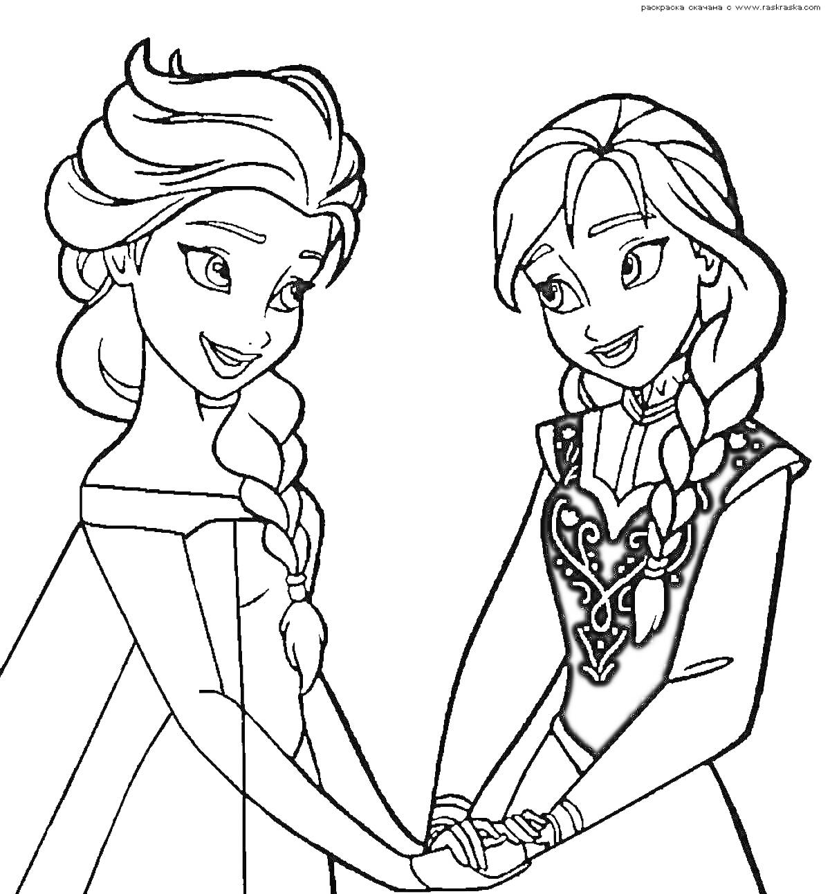 Раскраска Две девушки с косами держатся за руки.