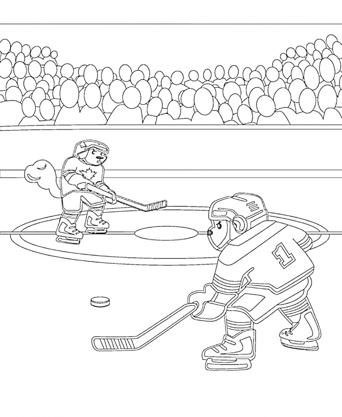 Раскраска Хоккейный матч на льду с двумя игроками, клюшками, шайбой и трибунами с болельщиками